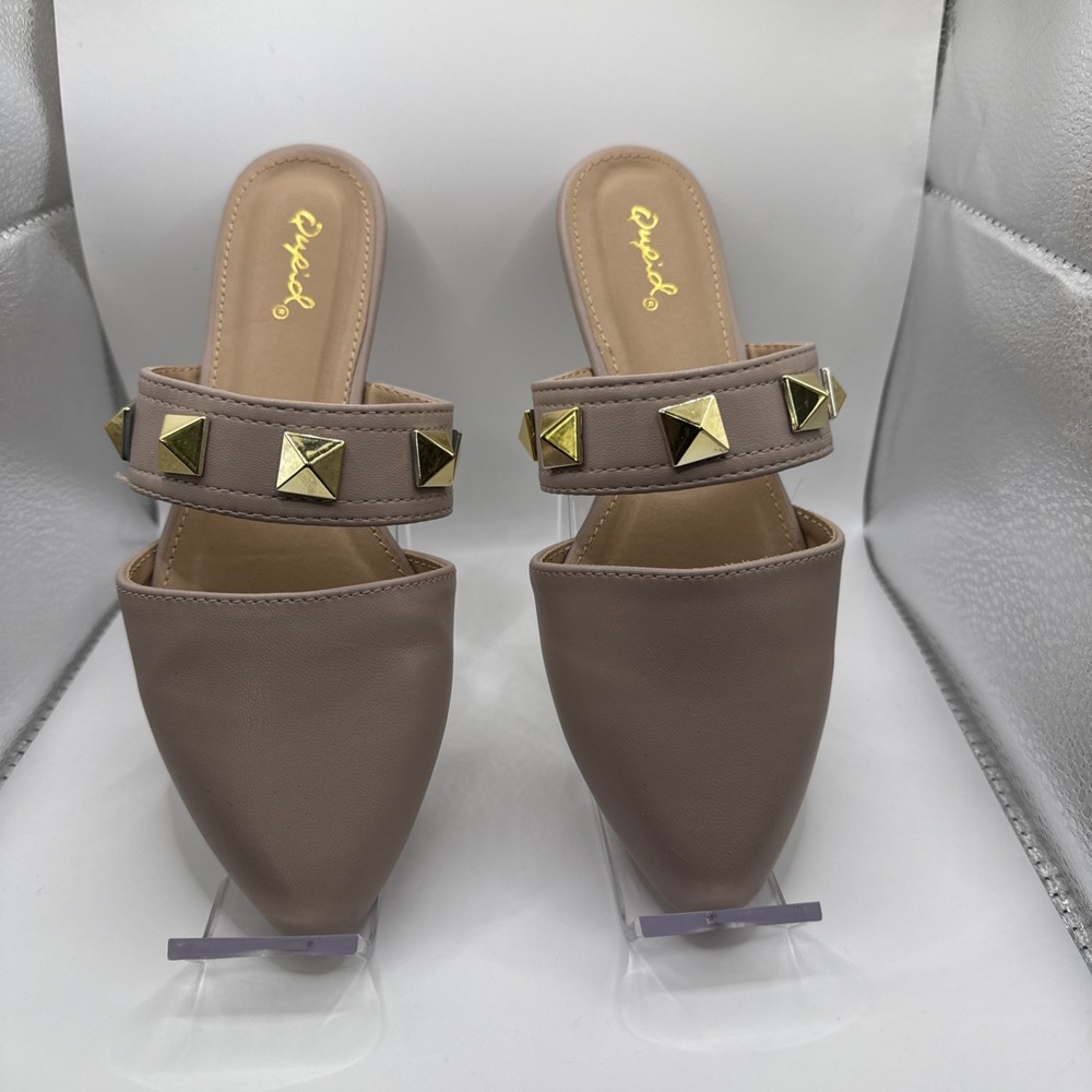 Qupid Slip On Studded‎ Mules Taupe / Tan New Size 7 - Picture 2 of 3